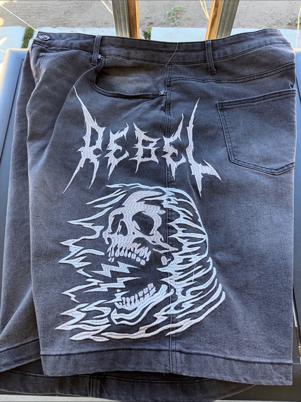 Rebel Vengeance Black Silver Jean Shorts Embroidered 40